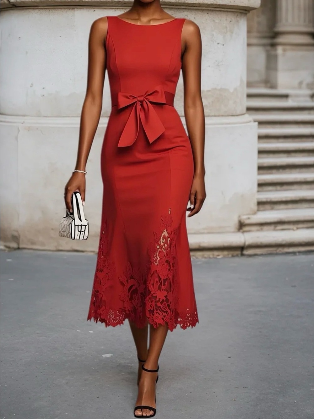 Sleeveless Red Midi Dress with Waist Tie and Lace Hem